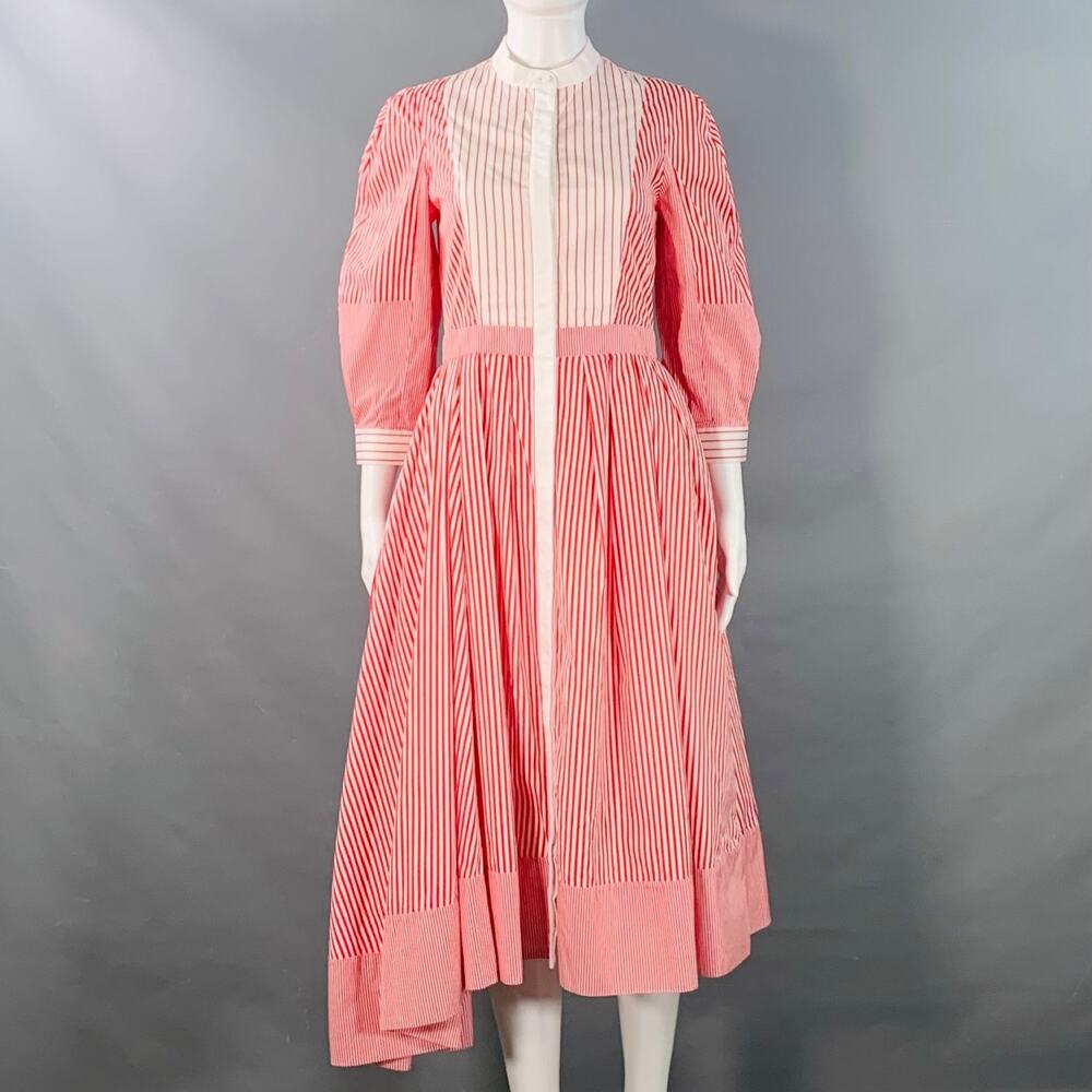 ALEXANDER MCQUEEN 2 Red White Cotton Stripe Collarless Asymmetrical A-Line Dress